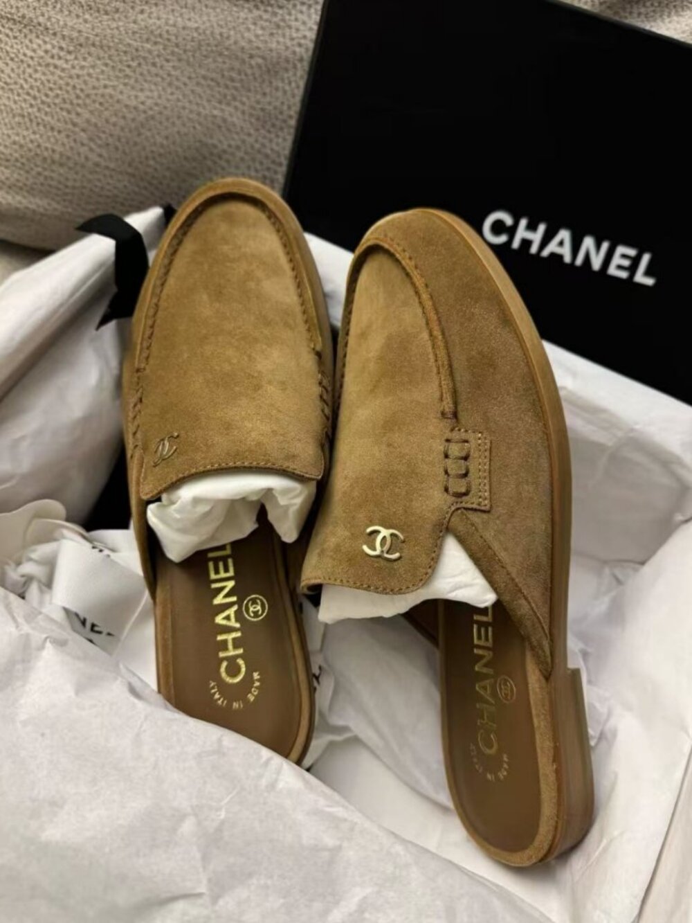 CHANEL Brown Suede CC Logo Mule Slides